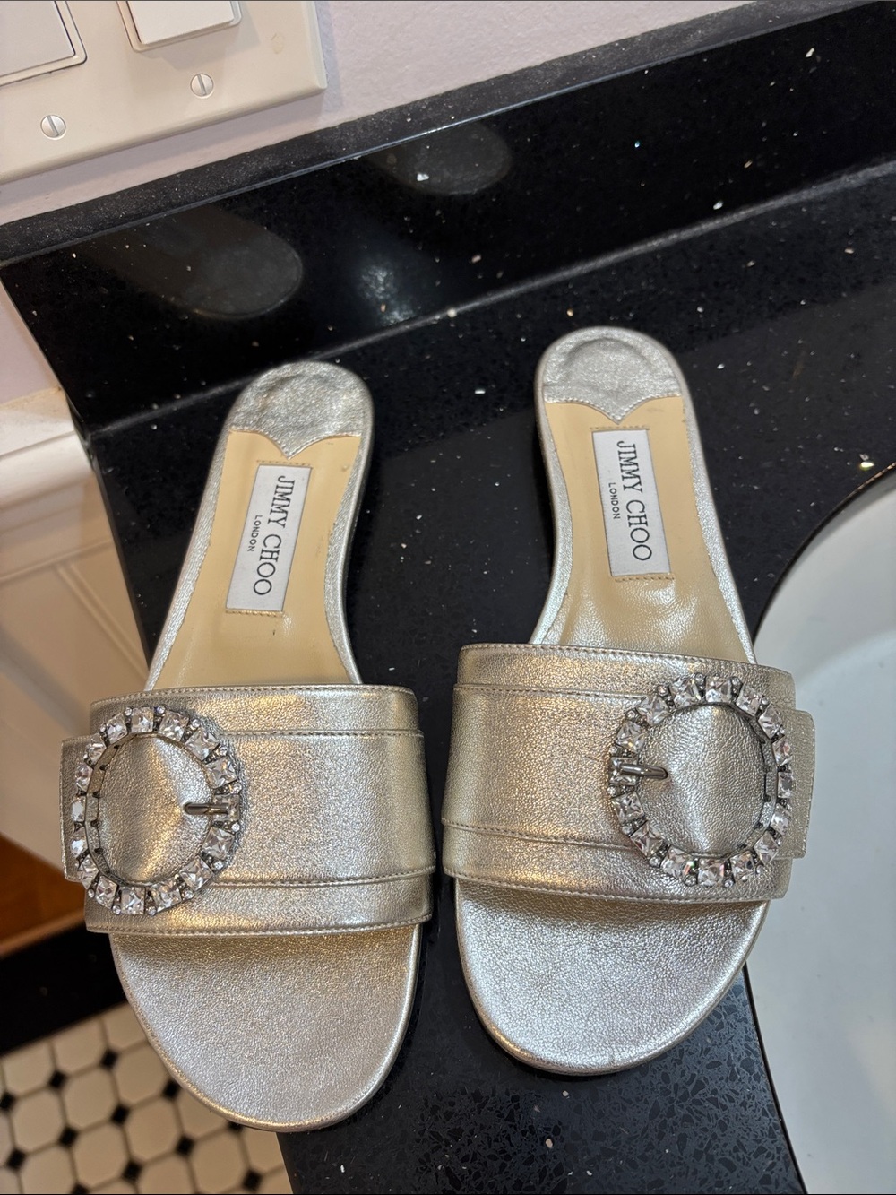 Jimmy Choo Metallic Silver Crystal-Buckle Slide Mules